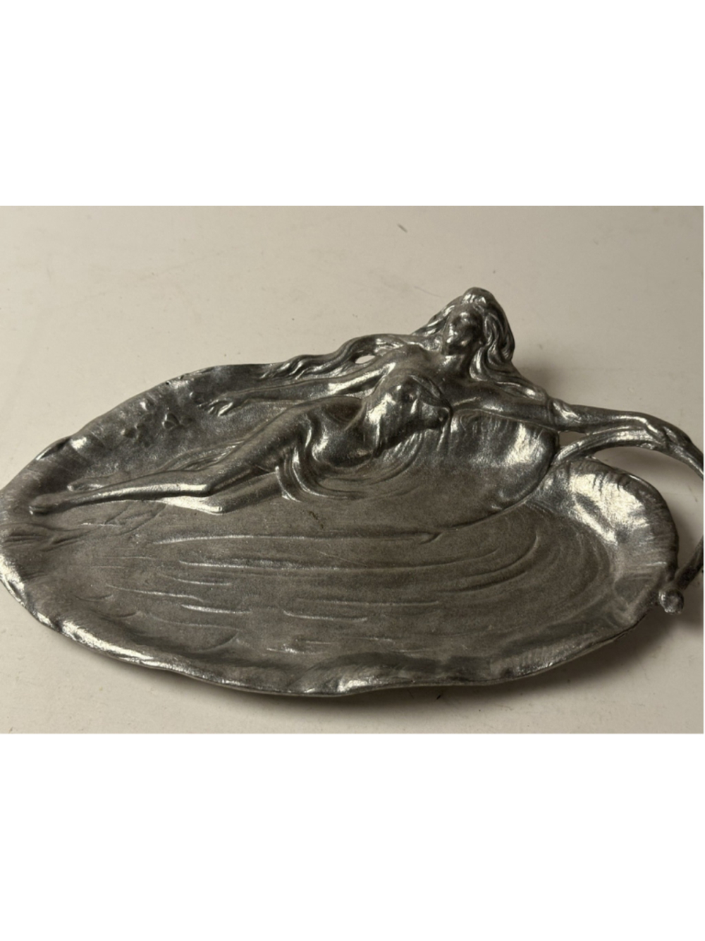 Vintage Art Nouveau Pewter Mermaid Water Nymph Tray Skara Metal Foundry 12 Inch